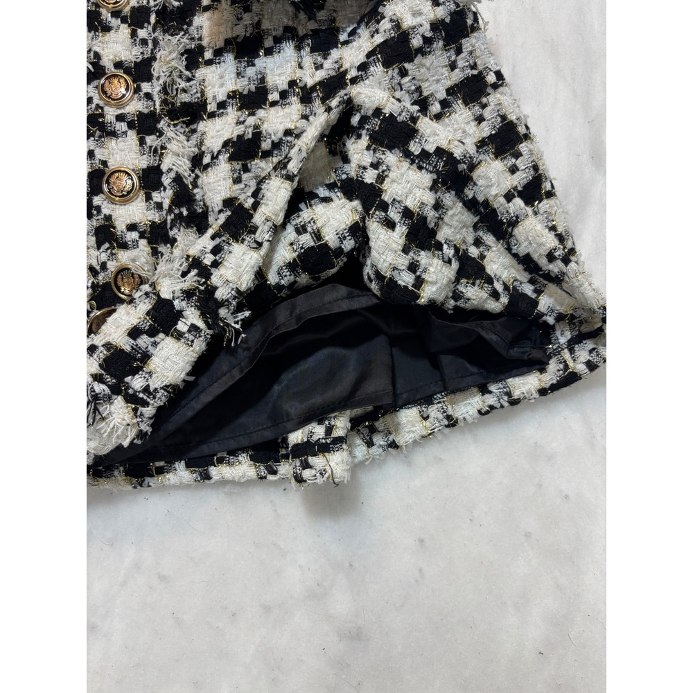 A Loves A Houndstooth Tweed Mini Skirt Black White Gold Metallic Crest Button L - Picture 10 of 11